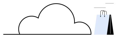 Yukarı doğru uçan bir alışveriş çantasının yanındaki minimalist bulut çizgisi. E-ticaret, çevrimiçi alışveriş, dijital hizmetler, bulut depolama, veri transferi, perakende teknolojisi, düz basit metafor