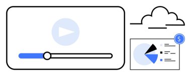 İlerleme çubuğu, bulut simgesi ve finansal göstergesi olan bir video oynatıcı. Medya hizmetleri, teknik yenilik, veri izleme, analitik, bulut hesaplama, çevrimiçi platformlar için ideal