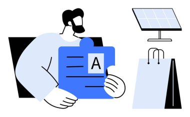 Güneş paneli ve alışveriş çantasıyla birlikte bulmaca parçası tutan bir adam. Eğitim, sürdürülebilirlik, alışveriş, problem çözme, öğrenme, yenilenebilir enerji ekip çalışması için idealdir. Düz basit