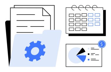 Dişli simgesi, istiflenmiş kağıtlar, takvim, pasta grafiği ve finansal özet öğeleri olan klasör. Üretim, organizasyon, planlama, veri analizi iş akışı ve iş stratejisi için ideal