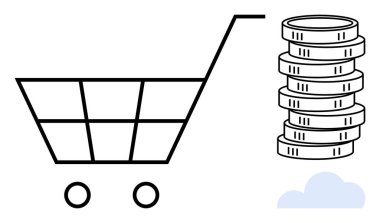 Yığınla bozuk para ve bulutun yanında tekerlek arabası, e-ticaretin altını çizmek, para akışı, online alışveriş. Ticaret, dijital iş, tasarruf, ticaret, ekonomi piyasası düz metaforu için ideal