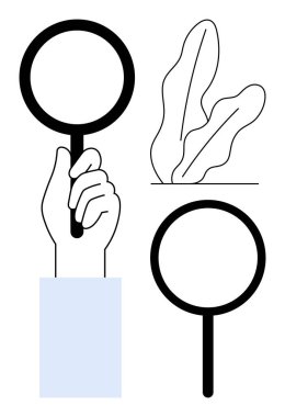 Bitki şekilleri ve kopyalanmış cam elementlerle eşleştirilmiş büyüteç. Araştırma, keşif, araştırma, analiz, araştırma, odaklanma ve netlik için ideal. Düz basit metafor