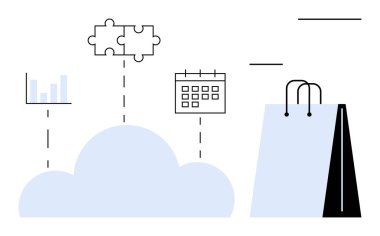 Bulmaca parçası, takvim ve bar tablosu ile bir buluta bağlı alışveriş torbası, e-ticaret veri entegrasyonu ve zamanlamayı sembolize ediyor. Perakende, e-ticaret, analitik ve iş stratejisi için ideal