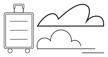 Kalın bulutların yanında yuvarlanan bavul seyahat, tatil, keşif, iş seyahatleri, boş zaman, macera, yolculuk ve minimalist tarzı simgeliyor. Seyahat temaları için ideal basit