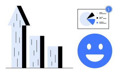 Yukarı doğru ok, mavi gülen yüz, finansal unsurları olan pasta grafiği. Ticari ilerleme, başarı, veri analizi, finans, performans, motivasyon büyümesi için ideal basit metafor