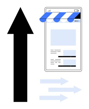 Mağaza vitrinli akıllı telefon ekranı, yukarı doğru kalın ok ve ışık yönlü oklar çevrimiçi mağaza büyümesini, mobil alışveriş ve müşteri trafiğini simgeliyor. İş, pazarlama ve perakende için ideal