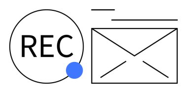 Mavi noktalı bir daire içinde REC ile birlikte mesajı sembolize eden çizgilerle zarf. İletişim, kayıt, e-posta, mesajlaşma hizmetleri, yayıncılık, dokümantasyon, bildirimler için ideal