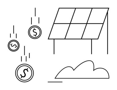 Düşen dolar paralarının olduğu güneş paneli maliyet tasarrufu, yenilenebilir enerji ve sürdürülebilirliği simgeliyor. Yeşil enerji, yatırım, çevre dostu, tasarruf, yenilik, temiz enerji finansmanı için ideal