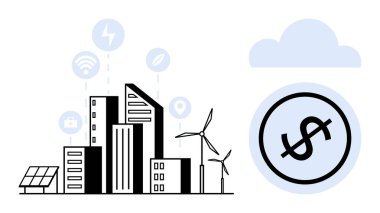 Rüzgar türbinleri, güneş panelleri ve enerji, veri ve konum için teknoloji sembolleri olan şehir silueti. Yenilik için ideal, sürdürülebilirlik, dijital dönüşüm, teknoloji ekolojisi ekonomisi kentleşmesi