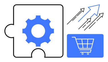 Vites bulmacası, alışveriş arabası ve yukarı bakan oklarla birleştirilmiş. Büyümeyi, optimizasyonu ve işbirliğini temsil ediyor. Yenilik, pazarlama, takım çalışması, analitik, ecommerce stratejisi, ilerleme için ideal