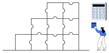 Kadın hesap makinesiyle bulmaca parçalarının yanı sıra strateji, organizasyon ve çözümleri sembolize ediyor. Sorun çözme, planlama, takım çalışması, finans, strateji ve karar verme için ideal