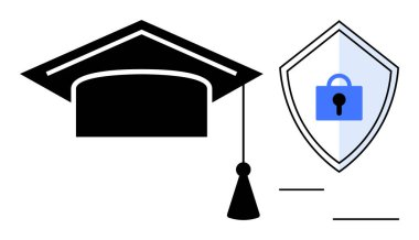 Eğitim, siber güvenlik ve bilgi korumayı sembolize eden kilit ikonlu mezuniyet başlığı ve güvenlik kalkanı. Akademik başarı, dijital güvenlik, güvenli öğrenme, çevrimiçi mahremiyet için ideal