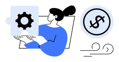 Takım çalışmasını ve problem çözmeyi temsil eden dişli yapboz parçalarını tutan kadın, finansal büyümeyi gösteren dolar işareti, yenilik öneren rüzgar çizgileri. İş ve verimlilik için ideal