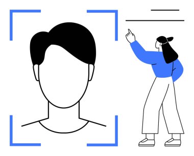 Çerçevenin içinde basit bir yüz, kalın çizgiler ve dijital elementlerle hareket eden bir kadın. Kimlik, teknoloji, dijital erişim, güvenlik, veri gizliliği, yapay zeka ve yenilik için ideal. Düz basit