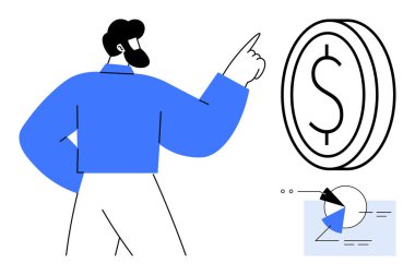 Adam para işaretlerine ve finansal ilerlemeyi incelemek için görsel grafiklere işaret ediyor. Finans, yatırım, iş stratejisi, veri analizi, ekonomi, büyüme planlaması, bütçe planlaması için ideal