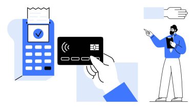 Kredi kartı okuyucunun yanında elinde fişle birlikte profesyonel bir işaret ile bir kredi kartı tutuyor. Finans, nakitsiz işlemler, iş konseptleri, perakende, e-ticaret, teknoloji, müşteri
