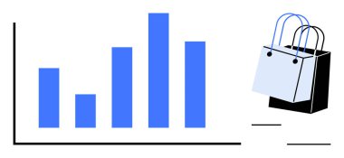 Değişen yükseklikte dört mavi çubukla veri analizini gösteren çubuk çizelgesi. Haritanın yanında alışveriş torbaları. Perakende analiz, veri görselleştirme, pazar eğilimleri, iş büyümesi, satış için ideal