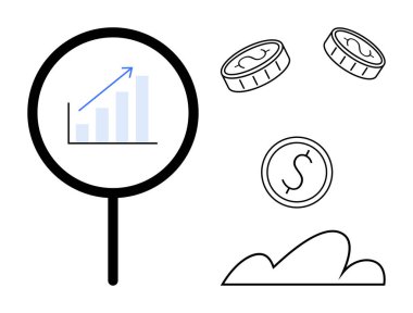 Yükselen çizelgeli büyüteç, yüzen paralar ve soyut bulut. Finans, yatırım, kâr analizi, büyüme, gelir eğilimi tasarrufu için ideal. Düz basit metafor