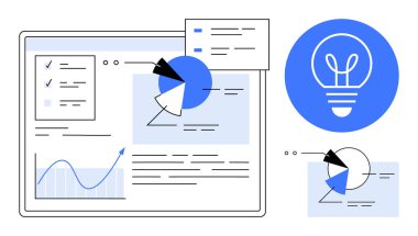 Analitik araçları gösteren dijital arayüz, bir ampul fikir simgesi eşleştirilmiş turta grafikleri, grafikler ve kontrol listelerine parmak basar. Yenilik, planlama, üretkenlik, başlangıç, analiz için ideal