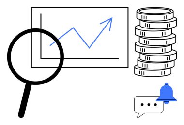 Yukarı bakan grafiğe odaklanan büyüteç, birikmiş paralar, bildirim zili ve sohbet balonu. Finans, iş performansı, piyasa araştırması, yatırım, iletişim bildirimi için ideal