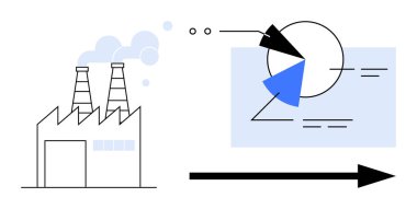 Grafikler ve oklar da dahil olmak üzere analitik veri görsellerine bağlı duman yayan fabrika. Sanayi, ekonomi, imalat, iş büyümesi, çevresel etki, stratejiler ve yenilik için ideal