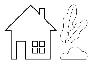 Çatısı ve bacası olan ev, pencere detayları, stilize edilmiş bitki, ve temiz bir şekilde bulut. Mimari, ev kavramları, eko-yaşam, doğa, sadelik emlak dairesi için ideal.