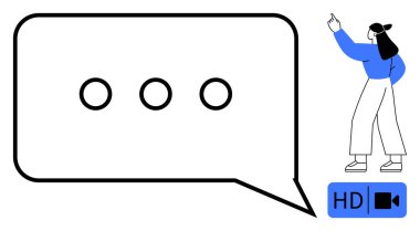 Daktilo göstergeli sohbet balonu, insan jesti ve video çağrı simgesi. İletişim, mesajlaşma, uzaktan çalışma, öğretim, müşteri hizmetleri modern teknolojisi için ideal. Düz basit