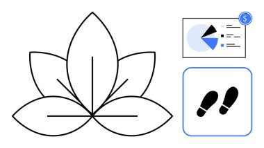 Soyut nilüfer çizgisi, finansal kaplamalı pasta tablosu, ayak izi takip ikonu. Sağlık, farkındalık, uygunluk, analitik, sürdürülebilirlik kişisel gelişimi finanse etmek için idealdir. Düz basit metafor