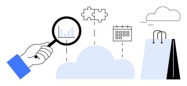 El ele tutuşan büyüteç, bulutların üzerindeki bar çizelgesini inceliyor. Yapboz parçası, takvim ve alışveriş çantası da dahil. Analiz, strateji, organizasyon, e-ticaret, planlama bulutu için ideal