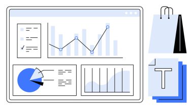 Çubuk grafikleri, çizelgeleri, turta grafikleri ve alışveriş çantasının yanında dokümanları olan dijital gösterge paneli. İş stratejisi, pazarlama, analitik, e-ticaret, satış trendleri için ideal KPI düz izleme
