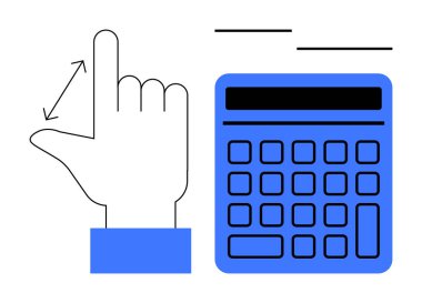 El ölçümü boyutları ve hesap makinesinin yanında oklar analitik, doğruluk ve hesaplamaları vurguluyor. Matematik, ölçüm, eğitim, teknoloji, finans ve planlama için ideal