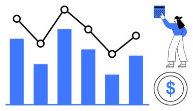 Kişi, veri eğilimlerini gösteren çizgiler ve çubuklar içeren bir tabloyu inceler. Hesap makinesi ve dolar simgesi vurgulama analizi, planlama, hesaplama, iş stratejileri, ekonomi, performans, düz basit