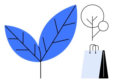 Doğayı sembolize eden mavi yapraklar, asgari ağaç tasarımı ve ekolojik yaşam tarzını temsil eden alışveriş torbası. Sürdürülebilirlik, ekoloji, alışveriş, çevre, eko-ticaret, yaşam tarzı için ideal