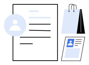 Kişisel profil belgesi ve kimlik kartı. Kullanıcı avatarı ve metin satırları, alışveriş çantası ile eşleştirilmiş. Kimlik yönetimi, perakende satış, profil oluşturma, e-ticaret, özgeçmiş, marka temsilciliği için ideal