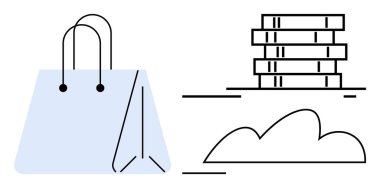 Kitaplarla eşleştirilmiş alışveriş torbası ve bulut çevrimiçi alışveriş, e-öğrenme, dijital içerik veya sanal depolama anlamına geliyor. Eğitim için ideal, e-ticaret, teknoloji, sürdürülebilirlik, basitlik modern