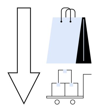 Aşağı ok, alışveriş torbası ve kutularla dolu el arabası. E-ticaret, online alışveriş, teslimat, nakliyat, lojistik, envanter, perakende büyümesi için ideal. Düz basit metafor