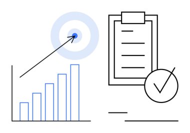 Büyümeyi gösteren çubuk çizelgesi, hedefi vuran ok ve başarı ve planlama işaretli kontrol listesi. Üretkenlik, hedef belirleme, analitik, proje yönetimi ve performans için ideal