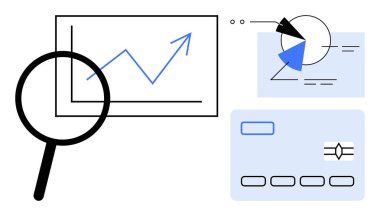 Grafik, pasta grafiği ve kredi kartı üzerinde büyüteç, analitik, büyüme, araştırma ve finansmanı temsil ediyor. Yatırım, strateji, metrik ekonomi veri istatistikleri için ideal