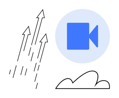 Yukarı bakan oklar büyümeyi gösteriyor, mavi video simgesi iletişimi vurguluyor ve bulut yeniliği simgeliyor. Teknoloji, takım çalışması, ilerleme, medya, eğitim büyüme dijital trendleri için idealdir. Düz