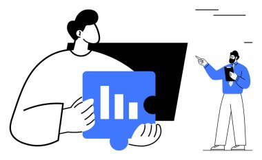 Başka bir nokta ve rehberlik ederken, bir yapboz parçasıyla harita simgesi tutan kişi. Takım çalışması, problem çözme, büyüme, analitik, iletişim, eğitim, strateji için ideal. Temiz düz basit metafor