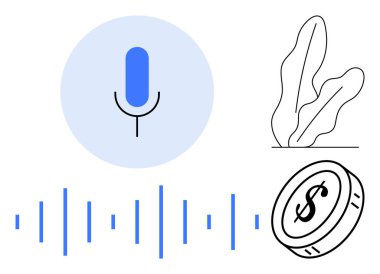 Ses dalgalı mavi mikrofon ses kaydını gösteriyor. Bitişik madeni para, para kazanma ya da alım satımı öneriyor. Bitki çizimi yaratıcı bir estetik katıyor. İş ve podcast için ideal