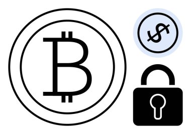 Bir daire içinde Bitcoin amblemi, dolar para ve kilit grafiği kripto para, dijital güvenlik, engelleme zinciri, fintech, merkezi olmayan finans, çevrimiçi işlemler ve düz basit bir şekilde gizlilik tasvir
