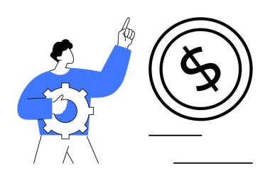 Elinde dolar işareti olan büyük sikkeye doğru vites tutan adam mali planlama, yenilik ve başarı öneriyor. İş, teknoloji, takım çalışması, liderlik, ekonomi konut finansmanı için ideal