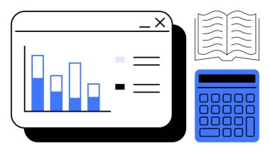Dijital ekranda çubuk çizelgesi, mavi hesap makinesi, açık kitap. Finans, eğitim, veri yönetimi, bütçe belirleme, analiz planlama dijital öğrenme için idealdir. Düz basit metafor
