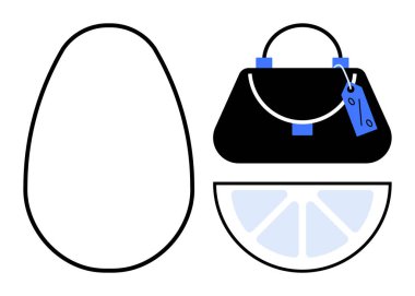Yumurtanın taslağı, mavi aksanlı ve etiketli şık siyah bir çanta ve minimalist bir limon dilimi. Modern tasarım, basitlik, yaşam tarzı, moda, yemek, minimalizm ve kavramsal sanat temaları için ideal