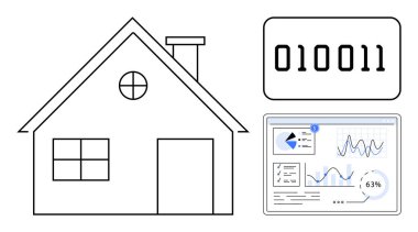 İkili kod ve veri analizi ekranlı ev taslağı. Akıllı ev için ideal, dijital dönüşüm, IoT, ev otomasyonu, veri görselleştirme, teknoloji entegrasyonu, yenilik. Düz