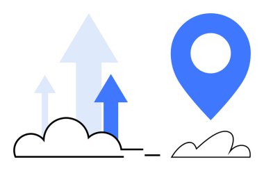 Mavi lokasyon iğnesi ve yükselen oklar minimalist bulutların üzerinde büyüme, ilerleme, yön bulma ya da başarı anlamına gelir. Haritalama, iş, strateji, planlama, başlangıç analizleri için idealdir.