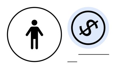 Dolar işaretine yakın bir yerde çember şeklinde bir figür. Maddi değeri, parasal kısıtlamaları, bütçeyi ve bireysel mali durumu temsil ediyor. Ekonomi, finans ve kişisel harcamalar için ideal