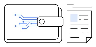 Dijital devreli cüzdan tasarımı ve teknoloji, finans ve verileri sembolize eden bir belge. Fintech, çevrimiçi ödemeler, güvenlik, teknoloji, dijital varlıklar, finans e-ticaret için ideal