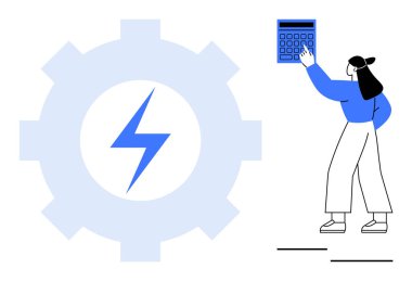 Kadın yıldırımla vites kutusunun yanında hesap makinesine basıyor. Enerji, otomasyon, verimlilik, verimlilik, teknoloji, hesaplama, veri işleme için idealdir. Basit düz metafor